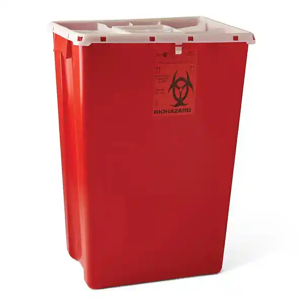 A red biohazard waste container with a lid.