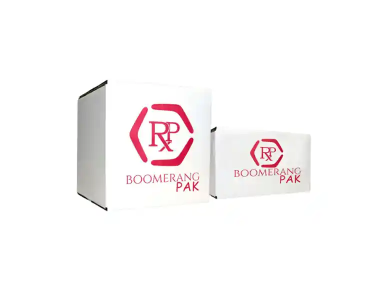 A set of two white boxes with the logos "RPM" and "BOOMERANG PAK" in pink.