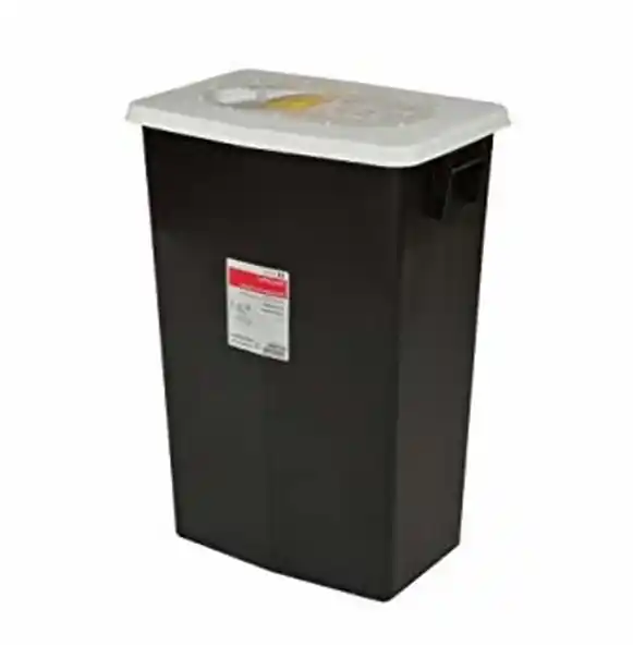 Black trash can with a white lid and a label on the front.