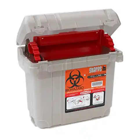 A biohazard waste container with a red lid and warning label.
