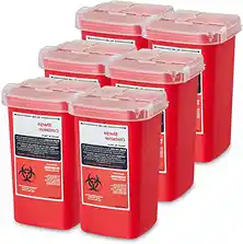 A set of six red sharps disposal containers with a biohazard label.