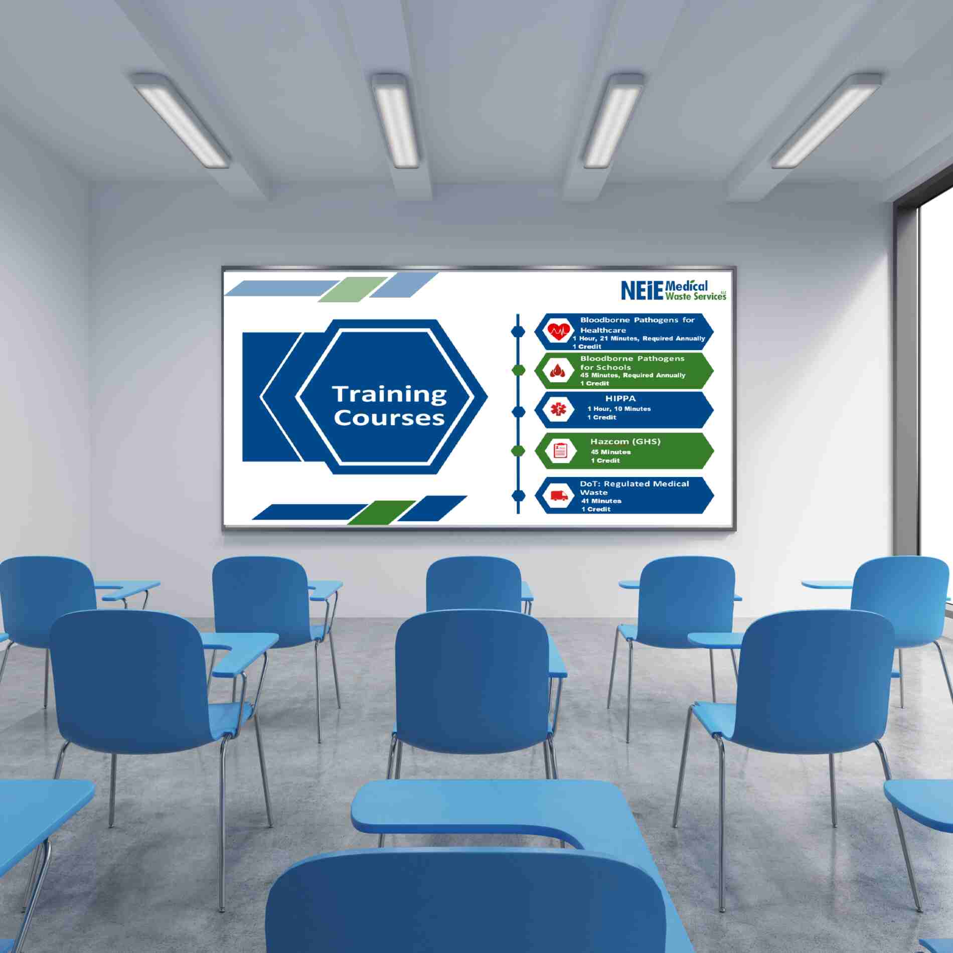 Image of an empty classroom with blue chairs facing a large screen displaying "Training Courses" and various icons related to medical training.